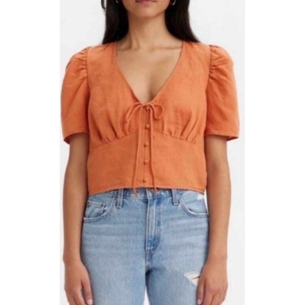 Levi's‎ Linen cotton Blend Tie Front Crop Top XL Orange Puff Sleeve Boho